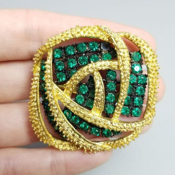 Vintage Green Rhinestone and Gold Tone Modernist Style Brooch Lapel Pin, Retro - Picture 1 of 6